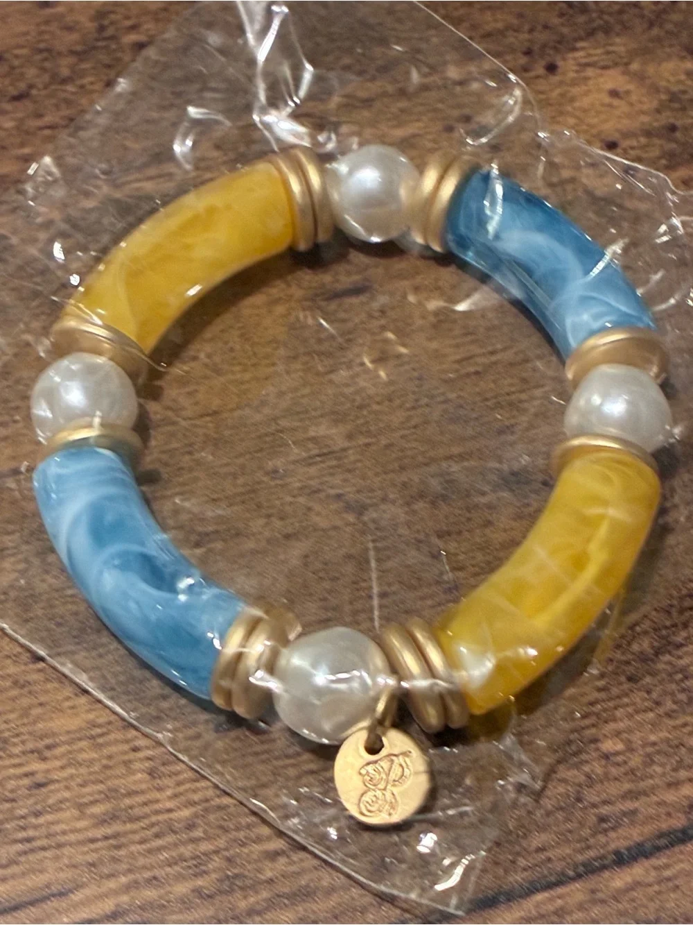 Blue and Yellow Resin Pearl Bracelet with Matte Gold Accents
